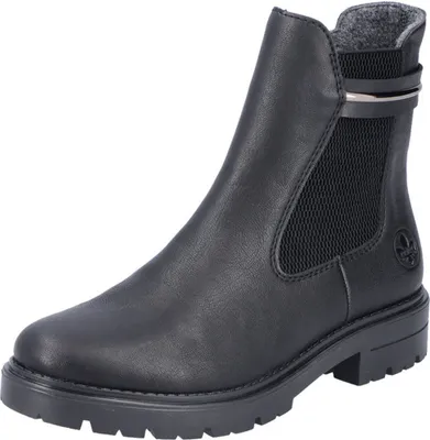 A black Chelsea boot is shown against a white background.