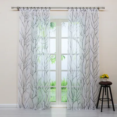 Produktbild von Joyswahl Vorhang Voile Gardinen HxB 225x140cm Fensterschal mit grauem Zweigmuster Kräuselband halbtransparent Grau 1 Stück