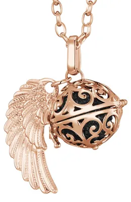 Produktbild von Morella Damen Halskette roségold Edelstahl 70 cm mit roségoldenem Anhänger Engelsflügel und Klangkugel Zirkonia schwarz Ø 16 mm in Schmuckbeutel