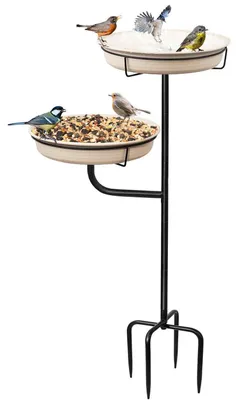 Productafbeelding van Vogeldrinkbak, vogelbad, vrijstaand, wit, 2-in-1 met voerbak voor wilde vogels en kolibries