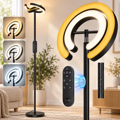 Productafbeelding van Moderne LED-vloerlamp met afstandsbediening, 75,5 inch, dimbaar, met 2 draaiende ringlampen, 36W, 2000lm, geschikt voor woonkamer, slaapkamer en kantoor, AI-gegenereerde afbeelding