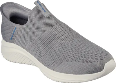 A single gray Skechers slip-on sneaker is shown against a white background.