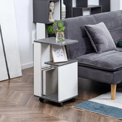 Produktbild von Nachtschrank mit 4 Rollen auf Bremse, Beistelltisch 3 Etagen Spanplatte, mobiler Nachttisch, Grau/Weiß | 35 x 29,5 x 65,5 cm | 10 kg | rollbar
