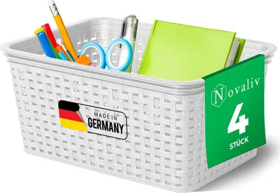 Produktbild von Novaliv 4 Stück Elegante Aufbewahrungskörbe in Rattan-Optik | Weiß Kunststoff 5L – für Büro und Zuhause. Vielseitige Kisten zur Aufbewahrung. Ideale Aufbewahrungsbox Organizer Ordnungsbox