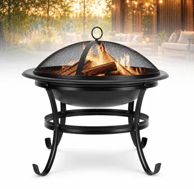 Produktbild von Peviasot Feuerschale Ø 55 cm mit Funkenschutz, Grillrost und Schürhaken, Outdoor Feuerstelle aus Eisen für Garten und Terrasse, Schwarz