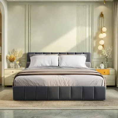 Zdjęcie produktu dla Łóżko skrzyniowe 140x200 cm w czarnej lnianej tkaninie, zagłówek z podświetlanym okienkiem, szuflady do przechowywania, zintegrowane listwy LED