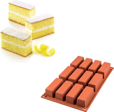A collage showing three mini cakes and a silicone baking mold.