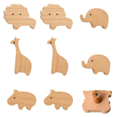 8er Set Tier-Holz-Schubladengriffe, beukenhout, 4 Motive