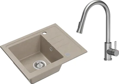 Produktbild von VBChome Spülbecken Granit Beige mit Armatur 55 x 44 cm Einzelbecken Einbauspüle Gesprenkelt Reversibel Granitspüle Siphon Waschbecken Armatur