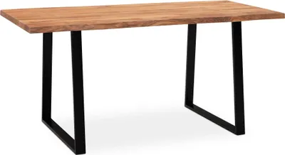 Esszimmertisch 140x80 Akazie Massivholz mit Baumkante und schwarzem Metallgestell in Gesamtansicht.