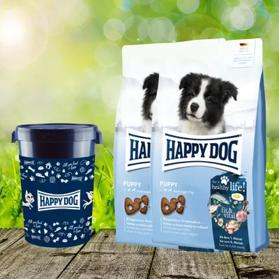 Produktbild von Happy Dog fit & vital Puppy 2 x 10 kg + Happy Dog Futtertonne 43 Liter geschenkt