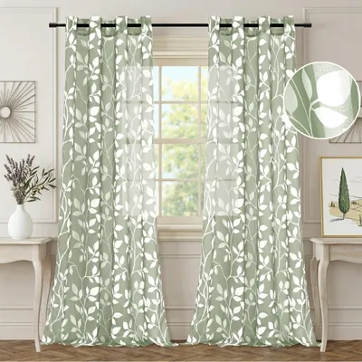 Obrázek produktu pro Transparentní záclony s oky, barva světle zelená, rozměry 140x225 cm, vzor listů. Sada 2 kusů, vhodné do obývacího pokoje nebo ložnice, pro dekoraci oken