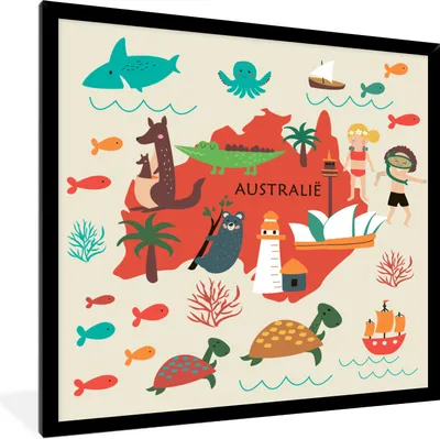 Produktbild von MuchoWow® Gerahmtes Poster Weltkarte Kinder - Australien - Rot 40x40 cm - Poster mit Schwarzem Bilderrahmen Wandposter Rahmen Foto Bilder - Mit Rahmen - Wanddekoration Schlafzimmer