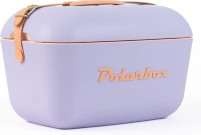 A purple Polarbox cooler bag with tan leather accents and a shoulder strap, shown against a white background.