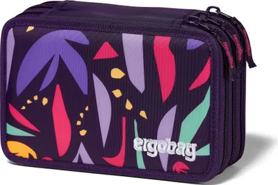A close-up, front-facing view of a purple pencil case with a colorful abstract pattern and the brand name 'ergobag' printed on it.