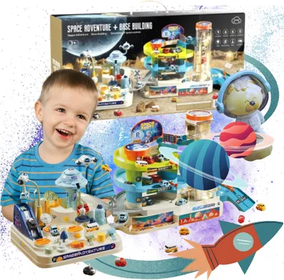 Produktbild von DYMEXSHOP | Kreativ Spielzeug - Spielzeug Rennbahn - Kosmisch - 2-teilig - Interaktive Elemente - mit Aufzügen und Autos