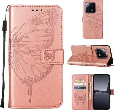 Produktbild von Lederhülle für Xiaomi 13 Pro Schmetterling Prägung Flip Ledertasche Kartenfächer Handyhülle mit Ständer Pink