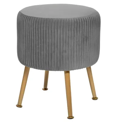 A gray velvet stool with wooden legs on a white background.