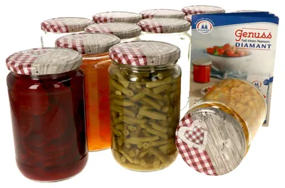 Produktbild von 12x Einmachgläser 720ml I Deckel Holz Herz Rot-Dekor Twist-Off TO 82 + Rezeptheft
