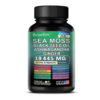 Produktbild von Sea Moss, Black Seed Oil, Ashwagandha, Ginger (120 Kapseln) Nahrungsergänzungsmittel, Energie, Vitalität, Immunsystem, Schilddrüse, Körpergesundheit