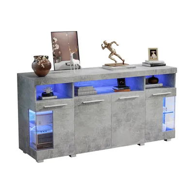 Produktbild von Merax Hochglanz Sideboard 140 cm mit LED, Wohnzimmer-Schrank mit Glastüren, 3 Schränke und 6 Fächer, modern Kommode mit gehärtetes Glas, Grau
