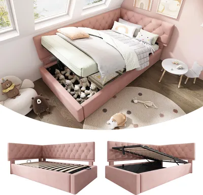 Obrázek produktu pro Čalouněná postel Sweiko denní rozkládací postel 90x190 cm, rozkládací pohovka s hydraulickým úložným prostorem, dětská postel pro mládež rám postele s dřevěným roštem, sametová, růžová, bez matrace.