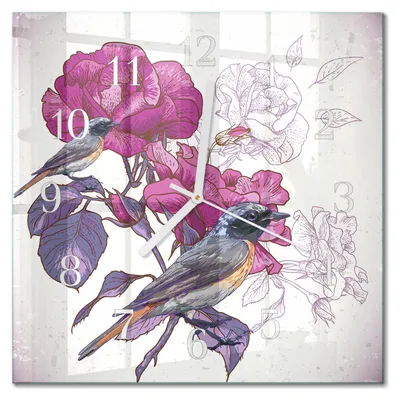 Produktbild von Tulup Glasuhr Wanduhr Küchenuhr Echt-Glas 30x30 cm Modern Dekorativ Geräuschlos Weiße Zeiger - Vögel Blumen