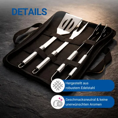 Produktbild von 3er Grillset aus Edelstahl - Grillzange, Grillgabel und Wender in praktischer Aufbewahrungstasche mit Tragegriffen - grau