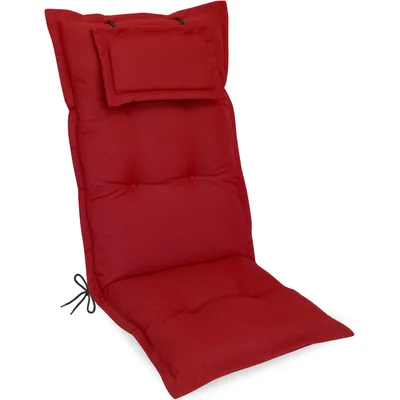 A red chair cushion with a headrest, shown against a white background.