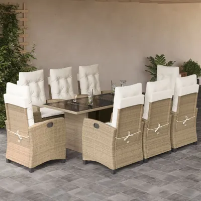 Produktbild von Design 9-tlg. Garten-Essgruppe mit Kissen Beige Poly Rattan, Gartenmöbel-Sets 2024 Neu