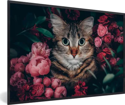 Produktbild von MuchoWow® Gerahmtes Poster Katze - Blumen - Blätter - Botanisch 90x60 cm - Poster mit Schwarzem Bilderrahmen Wandposter Rahmen Foto Bilder - Fotorahmen - Foto-Plakat