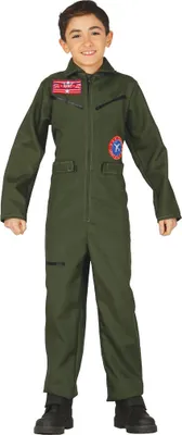 A young boy is wearing a green pilot uniform with patches on the chest and arm.