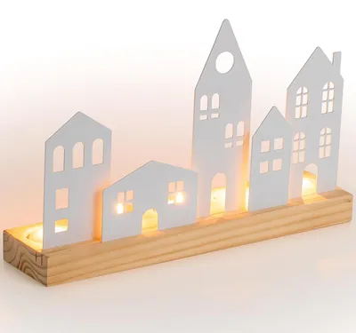 Teelichthalter Holz 5 Metallhäuser Weihnachtsdorf 30 cm