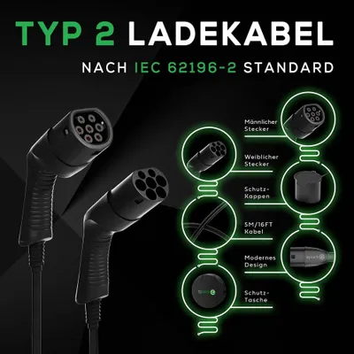 Obrázok produktu pre Nabíjací kábel SPARK-E typ 2 11kW 5M pre elektromobily vrátane tašky - Nabíjací kábel E car - 16A3P -