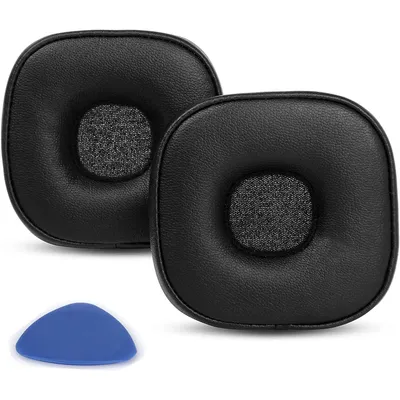 Two black ear pads for headphones and a blue plastic tool are shown on a white background.