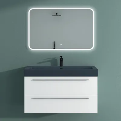 Produktbild von Mai & Mai Badmöbelset Komplett Set Waschbeckenunterschrank 100cm Unterschrank in matt weiß mit Waschschbecken und LED-Badspiegel Quadratto