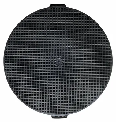 A black circular grate or filter is shown against a white background.