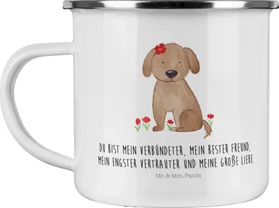 Produktbild von Mr. & Mrs. Panda Emaille Becher Hund Dame - Weiß - Geschenk, Liebenswert, metallbecher, Lieb, Verliebt, Tasse, Hunde, Teetasse, Pott, Sprüche, Liebe, Haferl