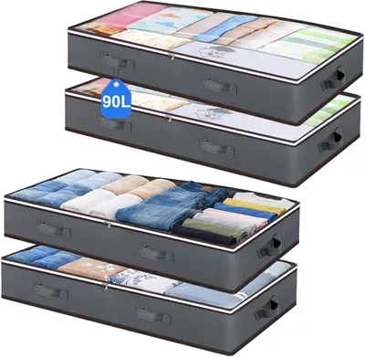 Produktbild von 4 Stück 90L Unterbettkommode, Aufbewahrungsbox mit Deckel Faltbare Unterbett Aufbewahrungsbox für Kleidung, Bettdecken und Bettwäsche, Grau