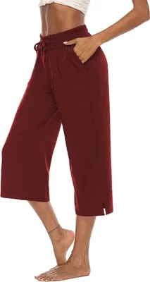Produktbild von ASKSA Damen 3/4 Hose Caprihose Weites Freizeithosen Jogginghose Loose Yoga mit Taschen, Weinrot, XL