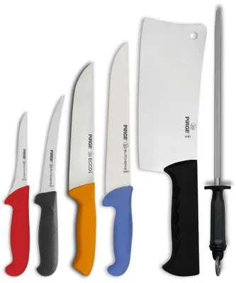 Produktbild von Pirge Metzgermesser Set 6 TLG Schlachtermesser - Fleischermesser - Hackmesser - Exzellenter Schärfe Ausbeinmesser - Wetzstahl