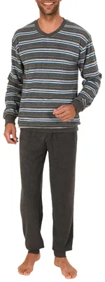 Produktbild von Edler Herren Frottee Schlafanzug Pyjama mit Bündchen in Streifenoptik - 291 101 13 580 ; grau-melange , 54