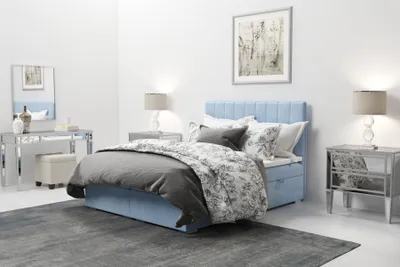 Zdjęcie produktu dla Łóżko Boxspring hotelowe podwójne niebieskie aksamitne luksusowe łóżka tapicerowane 180x200