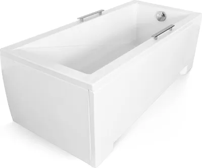 A white rectangular bathtub with chrome handles and a drain.
