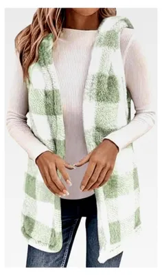 Produktbild von Damen Teddy Weste Ärmellos Fleeceweste Winter Warm Kariert Aufdruck Longweste Flauschig Kuschelig Casual Fleecejacke Mit Kapuze Dicke Plüsch Cardigan