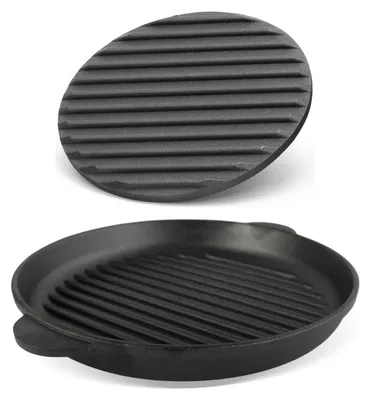 Produktbild von Ø26cm Grillpfanne aus Gusseisen Bräter mit Pressdeckel Schmortopf zwei Griffe Servierpfanne Grill