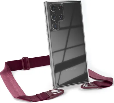 Produktbild von EAZY CASE - Hülle mit Band für Samsung Galaxy S22 Ultra 5G, Handyhülle mit Umhängeband, Silikonhülle transparent, Handykette in Rot