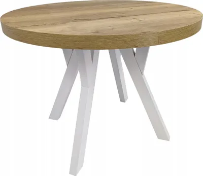 A round dining table with a wooden top and white legs, isolated on a white background.