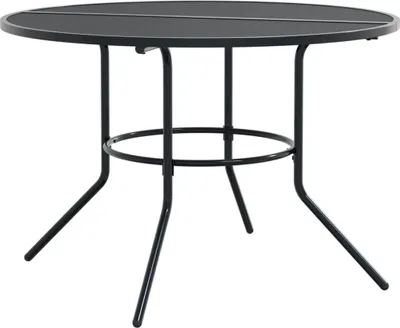 A round outdoor table with a dark grey top and black metal legs.