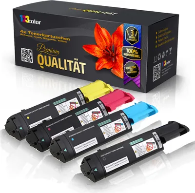 A box of toner cartridges with four toner cartridges in front of it.